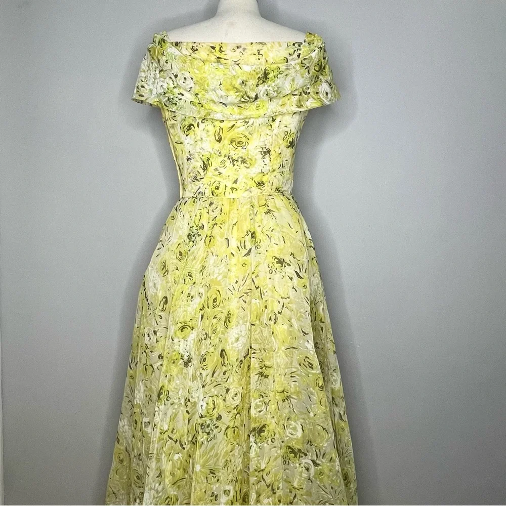 EMMA DOMB Vintage 1950’s Floral Print Off Shoulder Chiffon Gown Maxi Dress - Picture 5 of 11